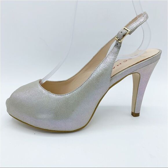 Lulu Townsend Tara Iridescent Silver Sling Back Peep Toe Platform Evening Heels - Picture 2 of 15